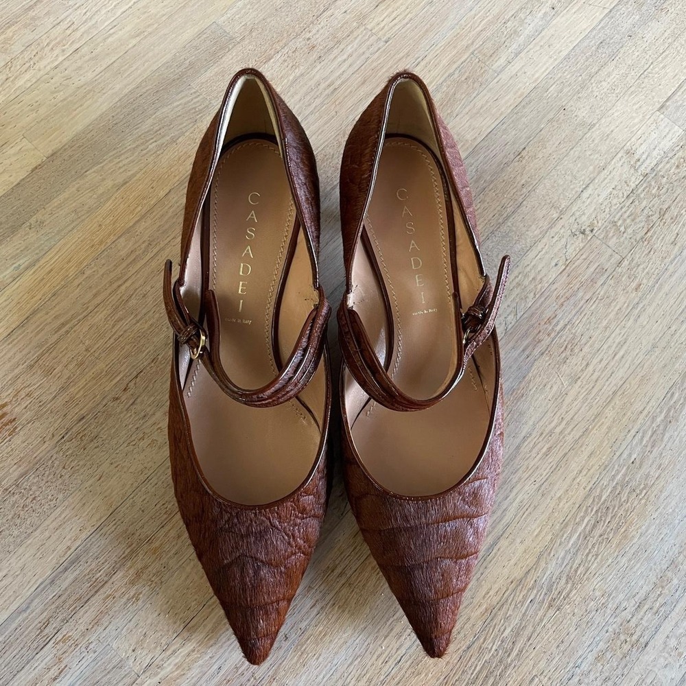 NIB Vintage Y2K Casadei Brown Gator Print Pony Hair Pointed Kitten Heels Sz‎ 8.5 - Picture 2 of 8